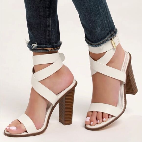 Lulu’s SHELBIE White Leather Ankle Strap Stacked Heel Open Toe Sandals - Picture 3 of 16